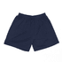 A pair of navy blue shorts with an elastic waistband and draped fabric. The shorts feature a logo on one side.