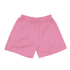 A pair of pink shorts featuring an elastic waistband and a smooth fabric texture. Includes branding.
