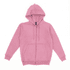 A pink zip-up hoodie with a hood and front pockets, featuring a logo on the tag.