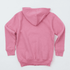 A pink zip hoodie featuring a hood and ribbed cuffs. It has a logo on the back.