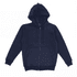 A navy zip-up hooded sweatshirt featuring a front pocket and a drawstring hood. It has a logo on the interior label.