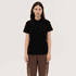 A black women's polo shirt with a collar, featuring short sleeves and a simple design. It includes a logo.
