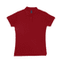 A red women's polo shirt with a collar, featuring short sleeves and a branded tag.