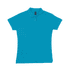 A women's polo shirt in a vibrant turquoise colour, featuring a collar and short sleeves. It has a branding logo.