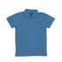 A blue youth polo shirt with a collar and a single button placket, featuring a logo on the label.