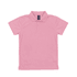 A pink youth polo shirt with a collar and buttons, featuring a logo on the label.