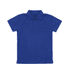 A blue youth polo shirt with a classic collar and a small branding logo on the label.