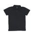 A black youth polo shirt with a collar and a placket. It features a logo on the fabric.