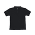 A black polo shirt with a collar and three buttons, featuring a logo on the label.