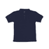 A navy blue youth polo shirt featuring a traditional collar and button placket, with a branding logo.