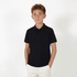 A youth polo shirt in black, featuring a collar and short sleeves, displayed on a model against a plain background.