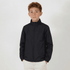 A youth jacket in navy blue with a zip front, featuring long sleeves and a high collar. It has a logo on one side.