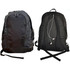 A black backpack with adjustable straps and mesh side pockets, featuring a logo on one side.