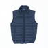 A navy blue youth puffer vest with a zip front and two side pockets, featuring a logo on the collar.