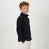 A youth-sized black polar fleece 1/4 zip top on a model, featuring a stand collar and a relaxed fit.