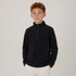A young boy wearing a black polar fleece 1/4 zip jumper, standing against a plain background.
