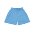 Light blue youth shorts with an elastic waistband and a logo on the front.