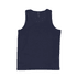 A navy blue youth singlet with a simple design and a label inside. The garment has no sleeves and a round neck.