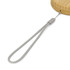 A close-up of a bamboo wireless charger with a grey strap included for easy handling. It features a logo.