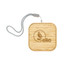 A square wireless charger set made of bamboo, featuring a decorative engraving and a grey strap.