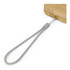 A wireless charger with a bamboo surface and a grey strap attached for easy handling.