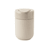 A ceramic coffee cup in a neutral beige colour with a sleek, smooth finish and a lid. It features a logo on the side.