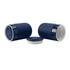 A ceramic coffee cup in navy blue with a white interior and a matching lid, featuring a logo on the side.
