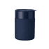 A ceramic coffee cup in navy blue with a matching lid. Features a smooth finish and has a logo.