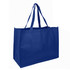 A large reusable grocery bag in solid blue with dual handles and a branding logo.