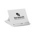 A white phone stand with a logo, featuring a foldable design and a slot for device placement.