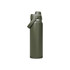 A drink bottle in an olive green colour, featuring a tight-fitting lid and a carry handle. It has a logo on the side.