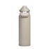 A drink bottle in a light beige colour with a metal lid and carrying handle, featuring a logo.