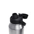 A drink bottle featuring a silver stainless steel body with a black lid and spout, complete with a branding logo.