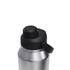 A drink bottle with a stainless steel body and black lid featuring a carrying handle and a push-button spout.