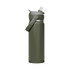 A drink bottle in olive green with a flip straw lid and carry handle, featuring a logo.