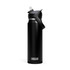 A drink bottle in matte black with a flip straw lid and a carry handle, featuring a logo.