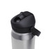 A drink bottle made of stainless steel with a black top and flip straw, featuring a logo.