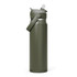 A drink bottle in olive green with a flip straw, featuring a silver stainless steel body and a handle.