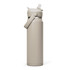 A drink bottle in a light beige colour with a flip straw and a carry handle. It features a sleek, modern design.