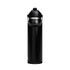 A drink bottle in sleek black with a flip straw lid and a carrying handle. It features a logo on the body.