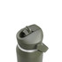 A drink bottle in dark green featuring a flip straw and a silver accent around the top, with a logo on the side.