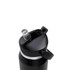 A drink bottle with a flip straw design, featuring a black body and a silver accent. It has a logo on the side.