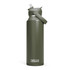 A drink bottle in olive green with a flip straw and a handle, featuring a brand logo.