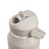 A drink bottle in a light beige colour with a flip straw lid and a side handle. It features a logo on the side.