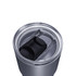 A drink bottle with a clear lid and a black sliding mechanism, featuring a stainless steel body in grey.
