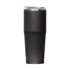 A drink bottle in matte black with a clear lid, featuring a sleek, tapered design and a logo.