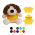 A brown and cream plush dog toy wearing a yellow T-shirt, accompanied by two additional yellow outfits.