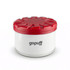 A round air freshener container with a red lid and white base, featuring a logo.
