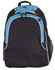 A black and blue backpack featuring a mesh side pocket and a front zippered compartment, with a logo.