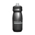A drink bottle in grey with a sleek design, featuring a logo and a textured grip area.